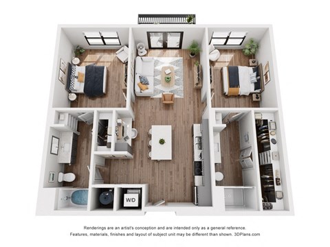 Floor plan for 2 beds, 2 baths, 1078 sqft